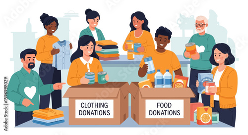 Flat Vector SVG Illustration of Community Food Donation and Clothing Collection Scene in Modern Style