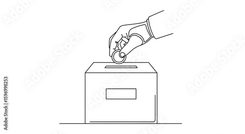 Vector Minimalist Line Art SVG Icon of Hand Dropping Coin into Donation Box in Flat Style for Web and App Design