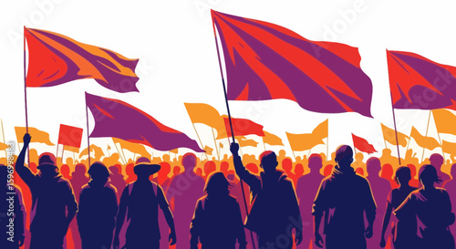 Vector SVG Illustration of Protest Crowd with Flags in Modern Flat Style Featuring Bold Colors and Silhouettes