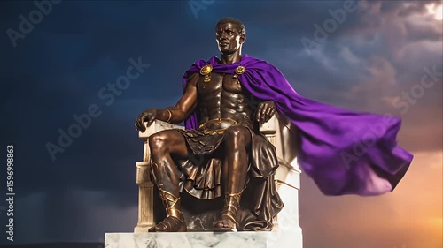 A bronze seated figure in regal attire with a dramatic stormy background