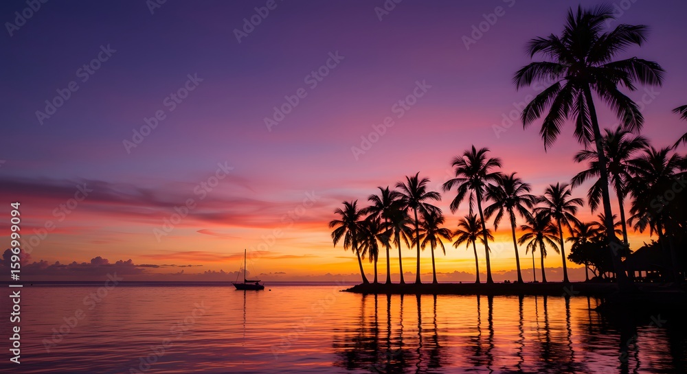 Obraz premium A vibrant sunset over a tranquil ocean, silhouetting palm trees and a sailboat.