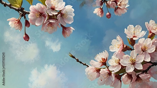  Watercolor-style digital painting of blooming cherry blossoms against a soft blue sky 3