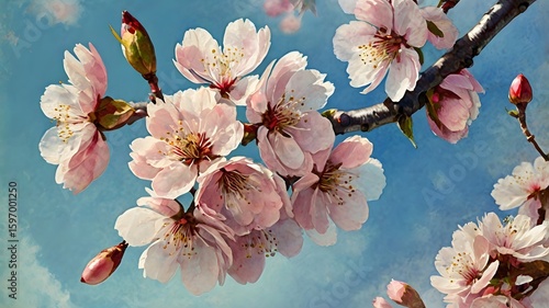 Watercolor-style digital painting of blooming cherry blossoms against a soft blue sky 2