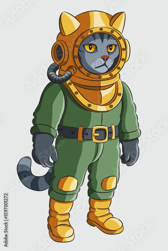 Cat in vintage diving suit isolated on white background