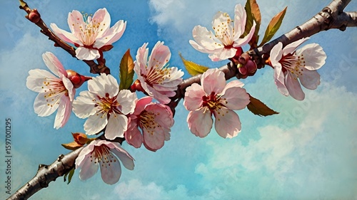 Watercolor-style digital painting of blooming cherry blossoms against a soft blue sky 4