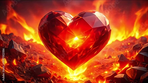 A gem-like heart ablaze in fiery landscape, radiating warmth