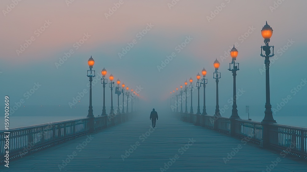 Obraz premium Foggy pier walkway at dawn with lit lampposts.