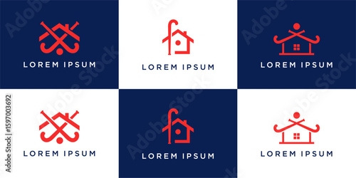 Set of field hockey club logo design with home