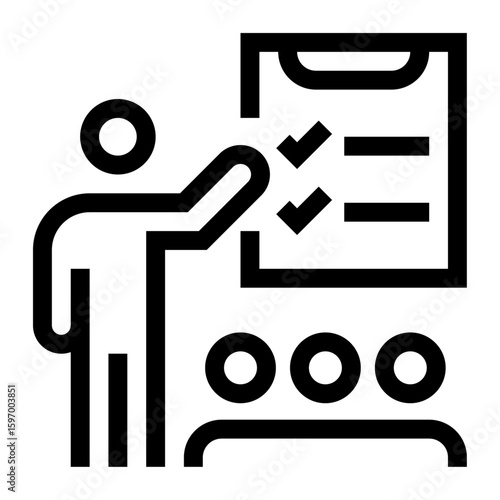 Icono de mentoría empresarial. Guía profesional y asesoría corporativa. Persona con portapapeles hablando a un grupo de personas. Ilustración vectorial