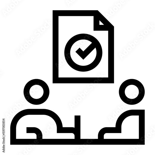 Icono de evaluación de desempeño. Valoración, revisión y análisis laboral. Persona evaluando a otra con una hoja. Ilustración vectorial