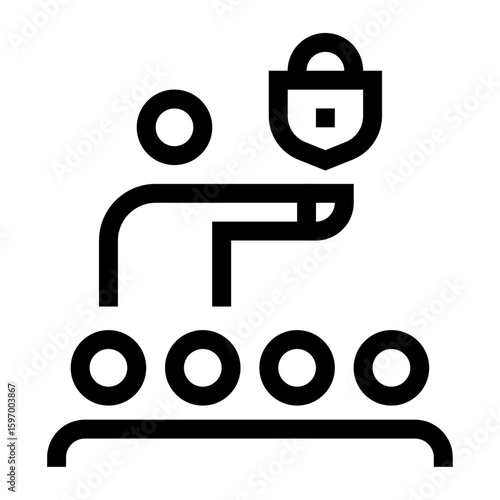 Icono de capacitación en ciberseguridad. Seguridad digital y protección de datos. Persona mostrando escudo con candado a un grupo. Ilustración vectorial