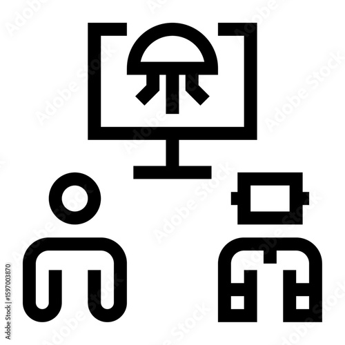 Icono de educación con inteligencia artificial. Aprendizaje automatizado y tecnología educativa. Persona y robot frente a pantalla con cerebro digital. Ilustración vectorial