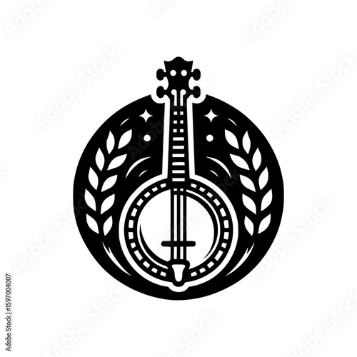 An artistic black and white image of a banjo surrounded by a circle with star and floral leaf, depicting an artistic music symbol