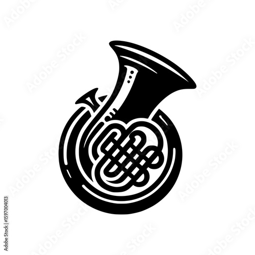 A black and white image of a brass instrument, specifically a tuba, is shown in the picture