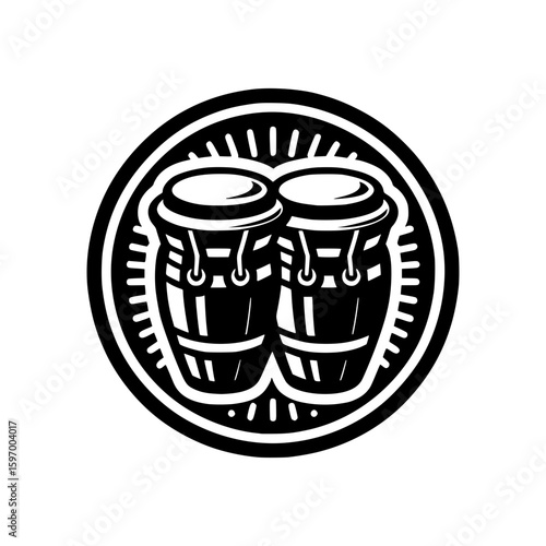 A pair of conga drums illustrated in a circular emblem. This design captures the essence of rhythm and percussion