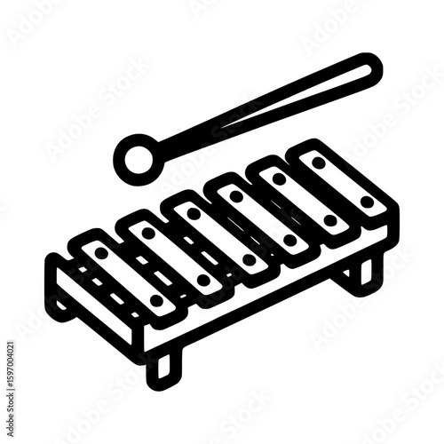 Xylophone and mallet isolated in black outline style