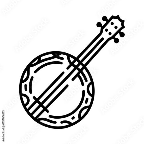 Detailed line art of a banjo, highlighting its structure and design. The banjo is displayed with a clear focus on its round body and long neck