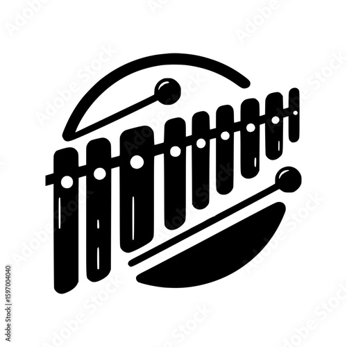 A monochrome depiction of a xylophone and mallet, perfect for music-themed projects. The instrument stands out against a clean backdrop, emphasizing its sleek design.
