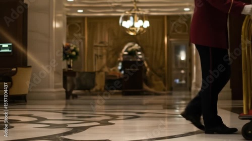 Hotel Bellhop Pushing Luggage Cart in Grand Luxury Lobby with Ornate Decor and Marble Floor