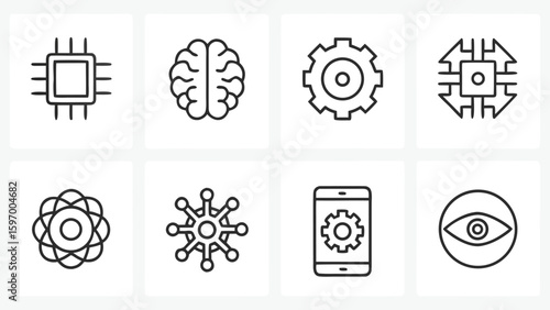 Artificial intelligence icons representing mechanical and intellectual ideas robot and gear icons set in outline style