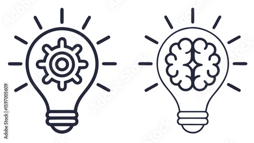 Artificial intelligence icons representing mechanical and intellectual ideas robot and gear icons set in outline style