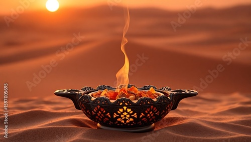 Ornate incense burner with rising smoke on a desert landscape at sunset creating a warm atmosphere