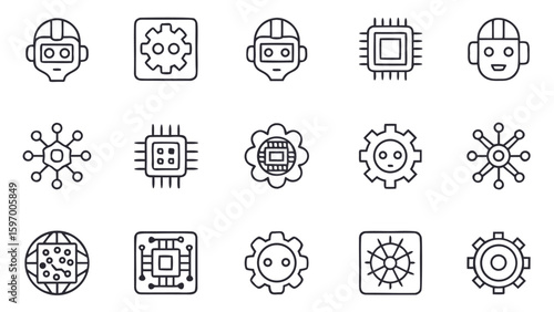 Artificial intelligence icons representing mechanical and intellectual ideas robot and gear icons set in outline style
