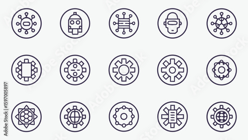 Artificial intelligence icons representing mechanical and intellectual ideas robot and gear icons set in outline style