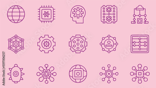 Artificial intelligence icons representing mechanical and intellectual ideas robot and gear icons set in outline style
