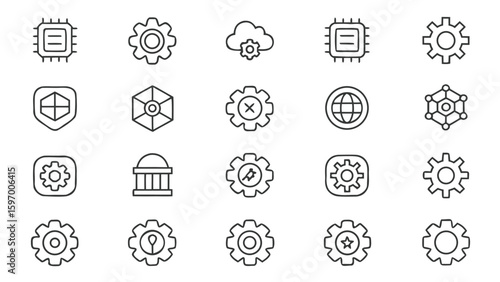 Artificial intelligence icons representing mechanical and intellectual ideas robot and gear icons set in outline style