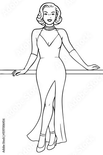 Vintage lady in a glamorous gown with choker and gloves, smiling and leaning on a railing.