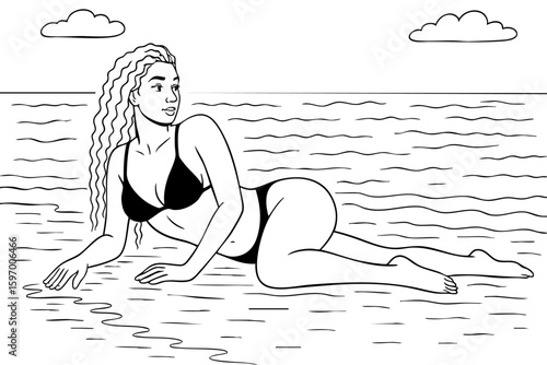 Curvy woman in bikini lying in shallow water, relaxing by the seaside.