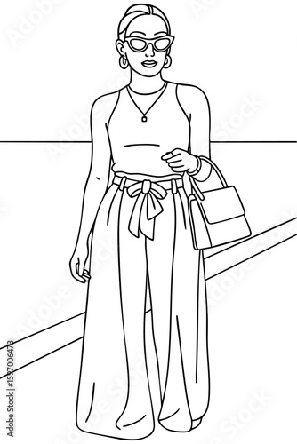 Woman with a stylish outfit, bow belt, and handbag walking on the street.