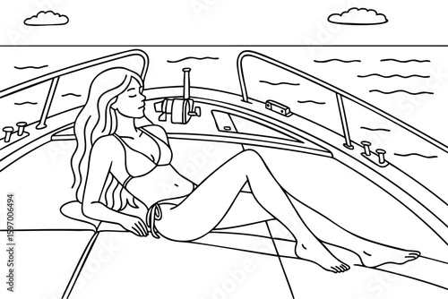 Elegant woman sunbathing on a yacht in a bikini, enjoying ocean breeze.