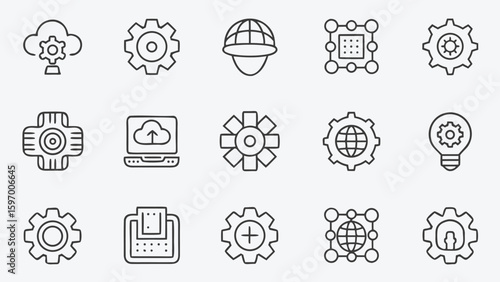 Artificial intelligence icons representing mechanical and intellectual ideas robot and gear icons set in outline style