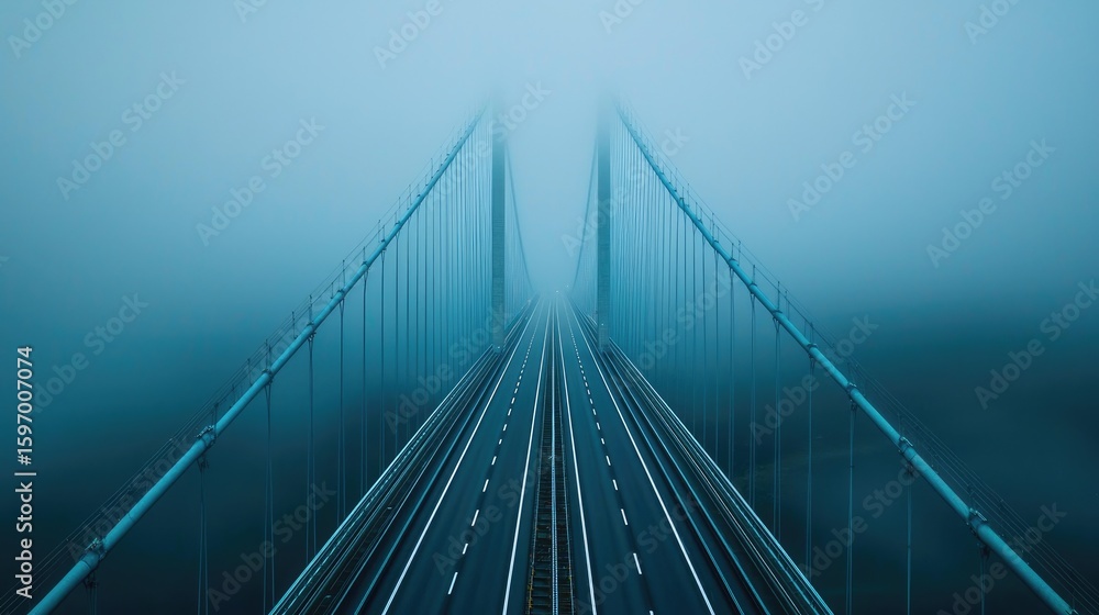Obraz premium A cable-stayed bridge stretches into a dense fog.