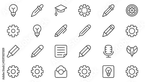 Artificial intelligence icons representing mechanical and intellectual ideas robot and gear icons set in outline style