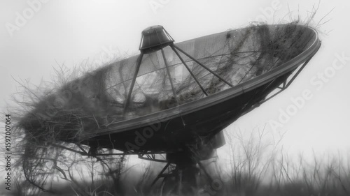 Abandoned Satellite Dish in Foggy Field