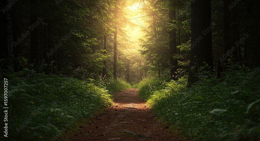 Obraz premium Path through a forest with sunlight shining through the trees.