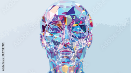 Abstract geometric human face with connecting lines against a light blue background.