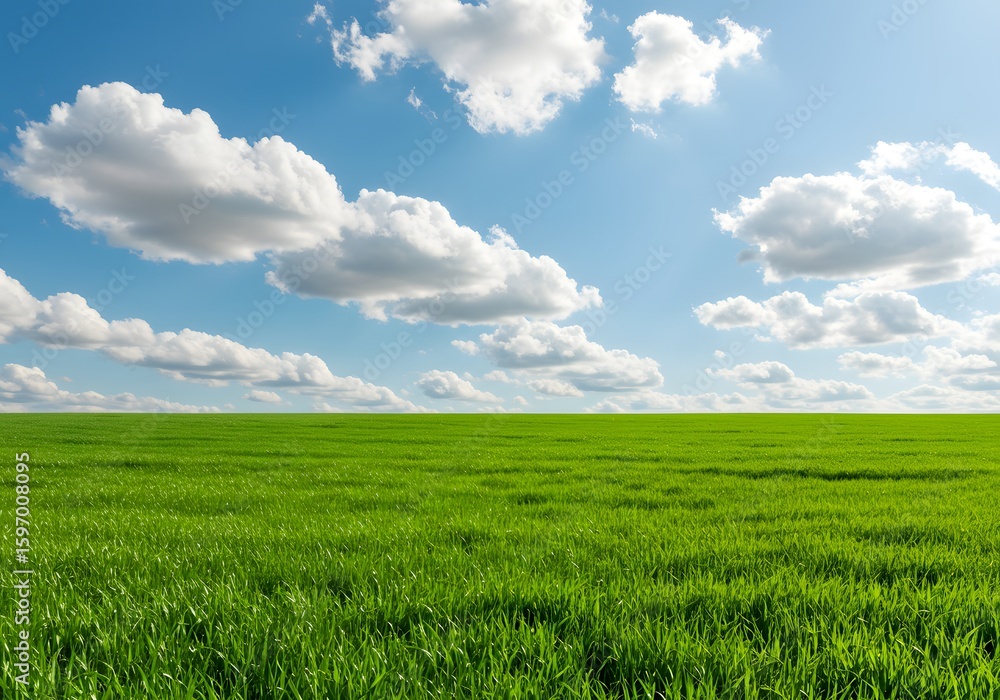 Lush Green Field Under Bright Blue Sky with Fluffy Clouds - Nature Landscape Scene. Lush Green Field Under Bright Blue Sky with Fluffy Clouds - Nature Landscape Scene.