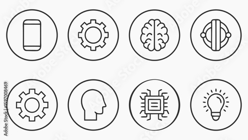 Artificial intelligence icons representing mechanical and intellectual ideas robot and gear icons set in outline style