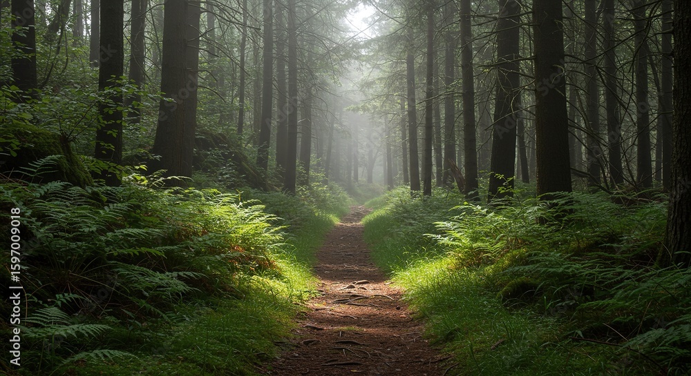 Fototapeta premium Path through a dense forest with tall trees and green foliage.
