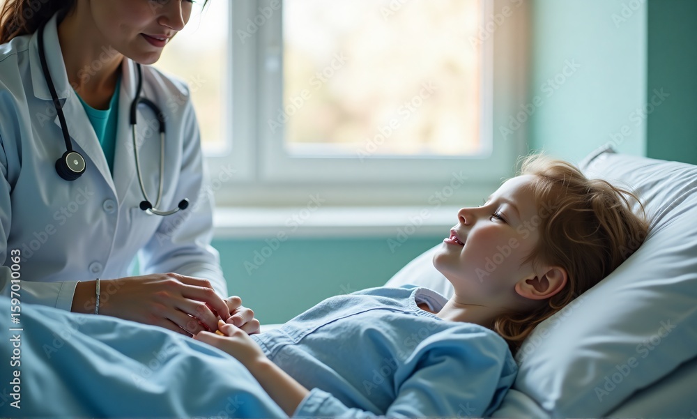 Fototapeta premium A medical professional provides care to a child, in a hospital environment. The child is resting in bed, indicating possible health concerns. The specialist provides support and comfort.