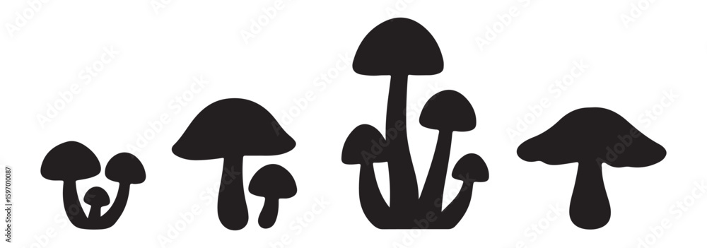 set of forest mushrooms silhouette vector on white background set of forest mushrooms silhouette vector on white background