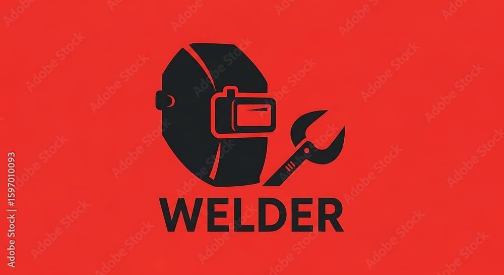 Naklejka premium A stylized welder's mask and wrench logo on a red background, representing welding expertise.