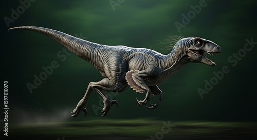 A stylized illustration of a velociraptor in a dynamic running pose against a muted green backdrop.