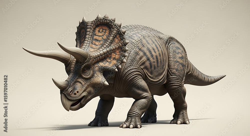 Obraz premium 3D model of a Triceratops dinosaur, posed in a walking stance, against a neutral background.