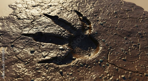 A well-preserved theropod dinosaur footprint imprinted in ancient, cracked earth.