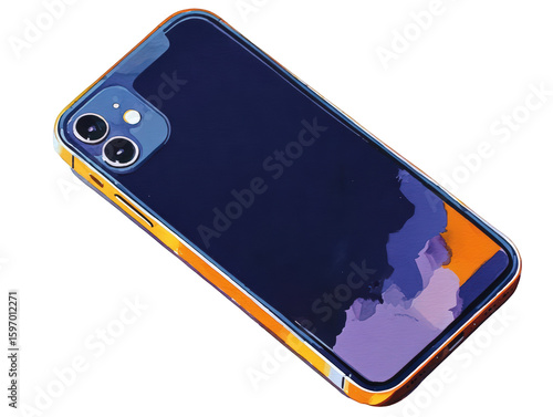 A blue, orange, and purple phone case with a painted design is displayed at an angle against a white background.